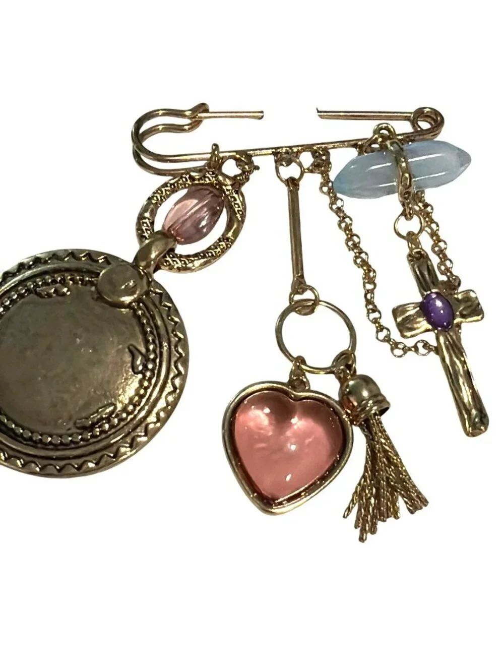 Free People Gold-Tone Charm Brooch With Heart Cross Tassel & Gemstone Accents